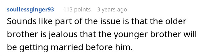 Comment discussing a 24-year-old man demanding his brother dump his longtime girlfriend due to new girlfriend's insecurity.