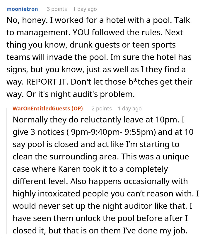 Reddit comments discussing a hotel pool incident with an obnoxious Karen insisting on using the pool after it’s closed. - 30