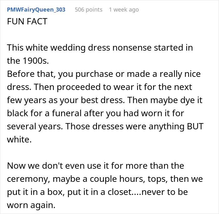 Text post explaining the history of white wedding dresses and tradition changes over time.