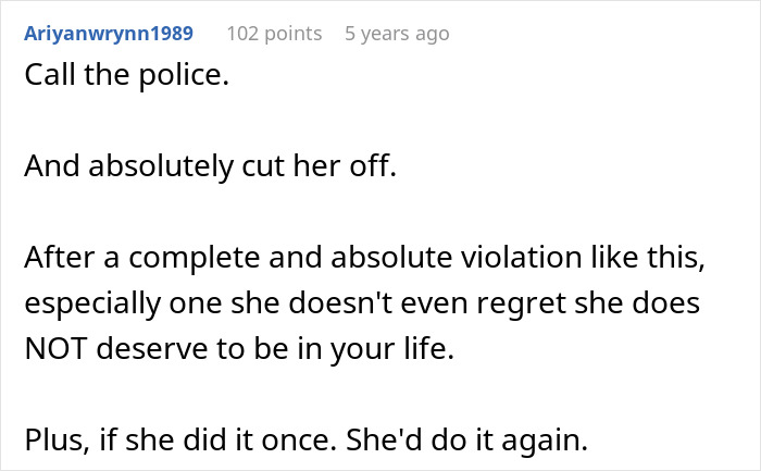 Screenshot of a comment advising to call the police and cut off an entitled grandma involved in family drama over grandson&rsquo;s ashes.