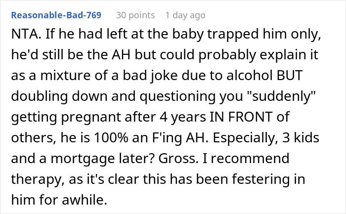 Screenshot of an online forum comment discussing husband jokes and a wife&rsquo;s harsh reality check involving a baby and friends.