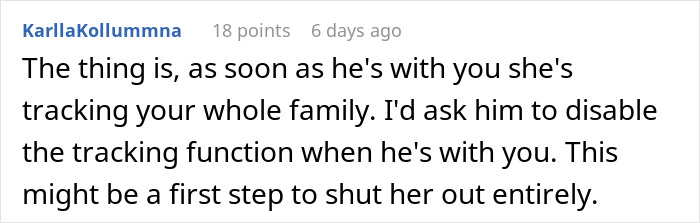 Comment discussing concerns about tracking family and disabling the tracking function in a mil-tracking-app-son.