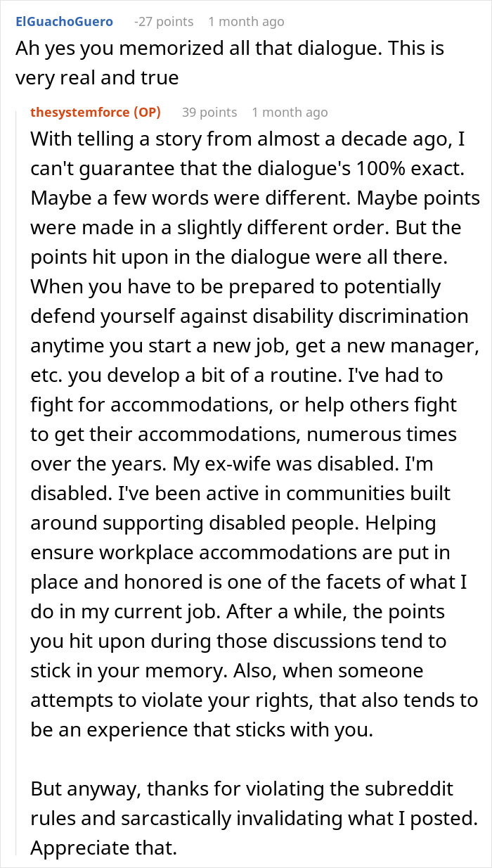 Reddit conversation discussing ableist manager refusing disabled employee accommodations and workplace disability discrimination experiences. Reddit conversation discussing ableist manager refusing disabled employee accommodations and workplace disability discrimination experiences.