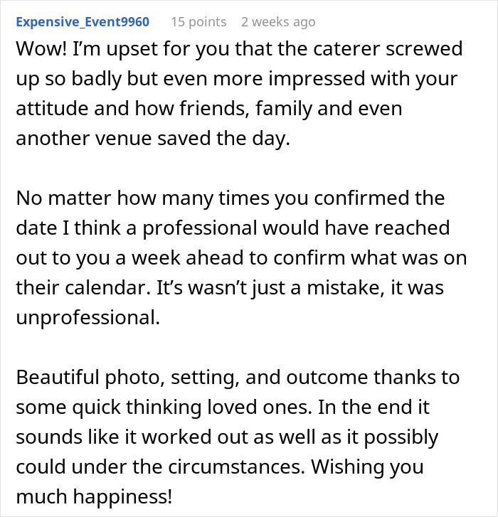 Bride finds out caterers got wedding date wrong just one hour before ceremony, looking shocked and stressed.