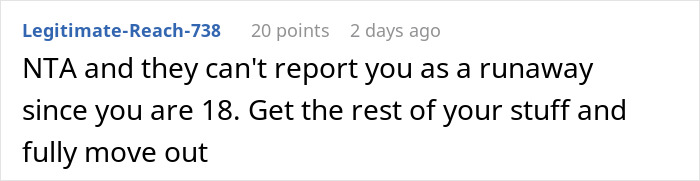 Comment about adopted daughter moving out after graduation, highlighting parents playing favorites and surprise reaction.