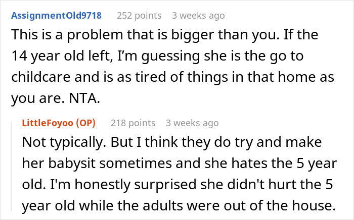Reddit user discusses teen refusing to babysit 5-year-old alone during an emergency situation. - 16