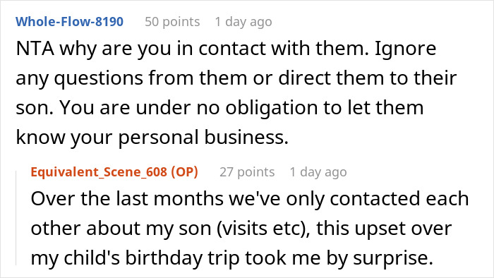 Screenshot of an online conversation showing a mom clapping back at ex’s family over accusations about money. - 21