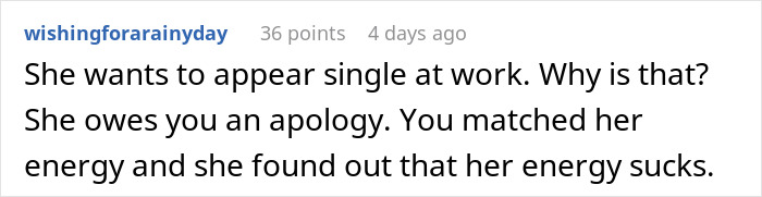 Text post from user wishingforarainyday about appearing single at work, reflecting on energy and apologies in relationships.