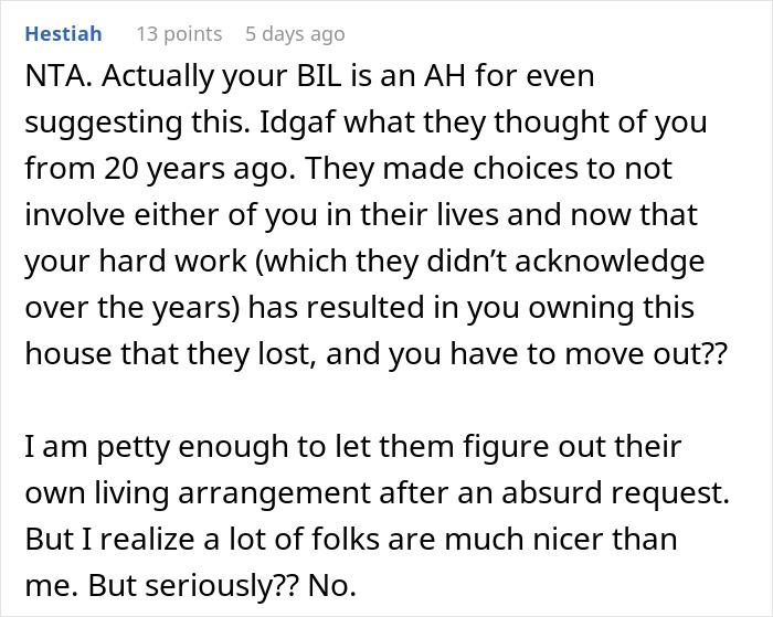 Text comment discussing a man buying his wife’s childhood home and her brother demanding he move out for the family. - 33