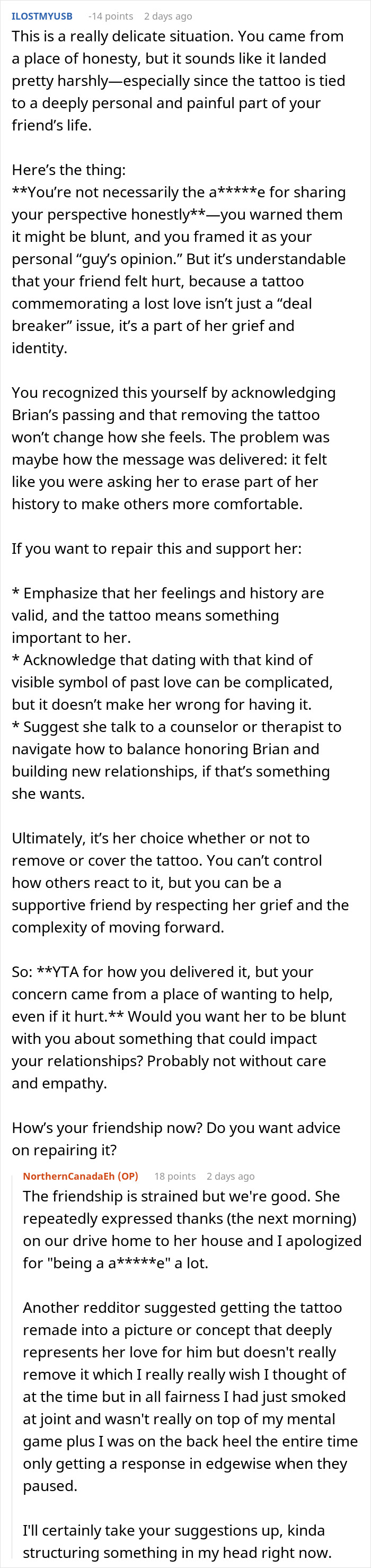 Reddit discussion about a man using Titanic to explain how a friend&rsquo;s tattoo is affecting her love life and leaving her upset
