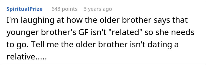 Comment discussing a 24-year-old man demanding his brother dump longtime girlfriend to ease new girlfriend&rsquo;s insecurity.