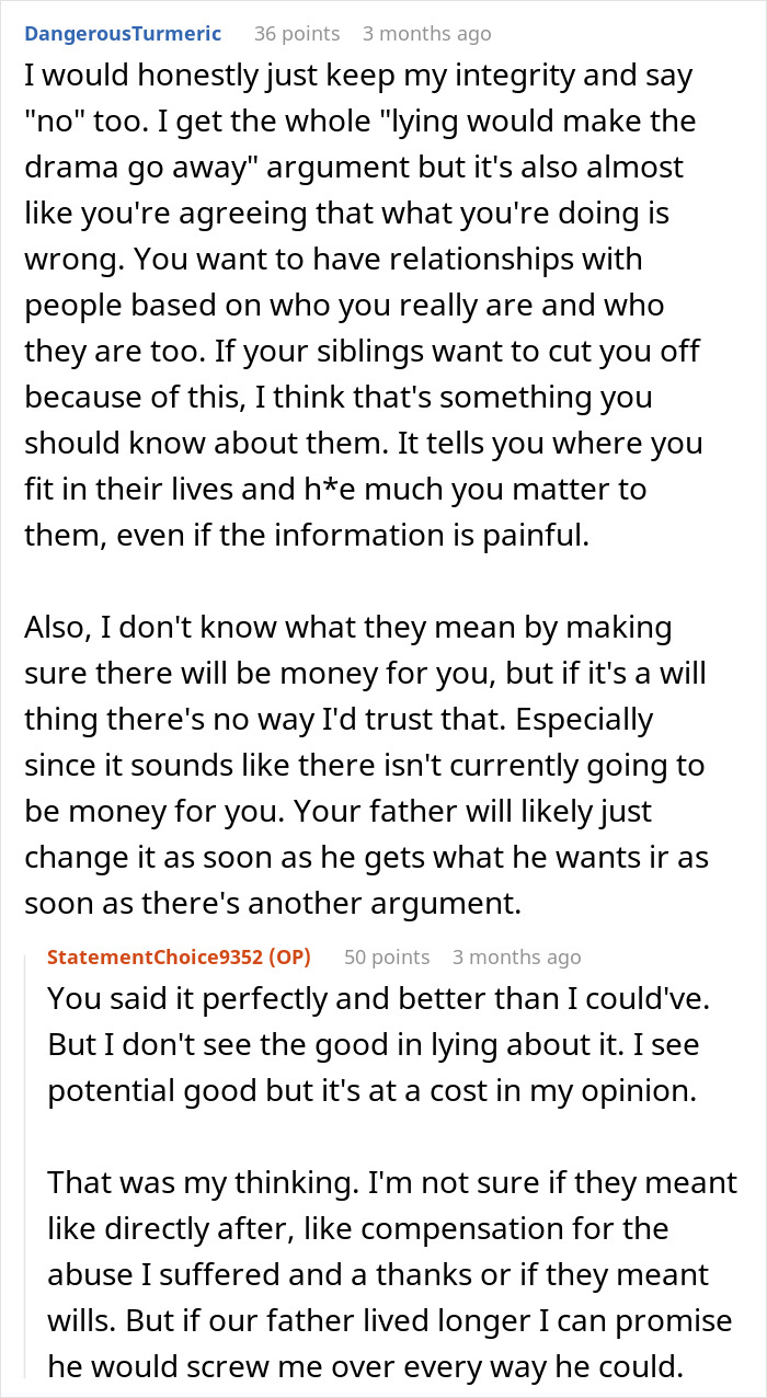 Screenshot of a Reddit discussion about a man refusing to donate an organ to his abusive father from childhood.