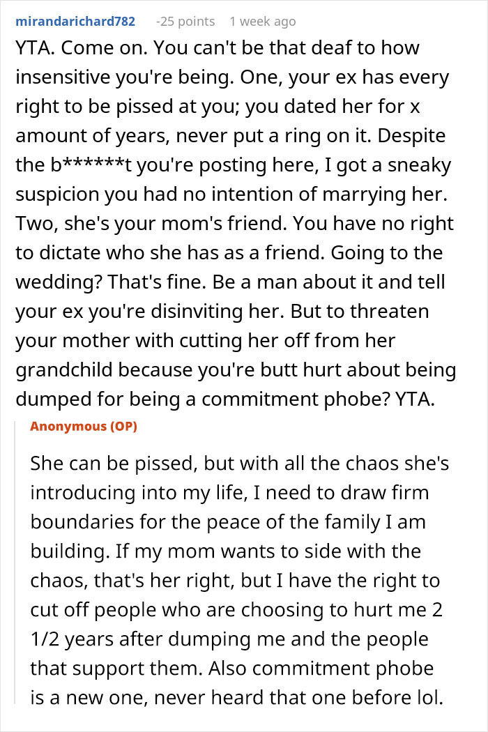 Screenshot of an online forum where a man threatens to cut off his mother over her friendship with his vengeful ex. - 49