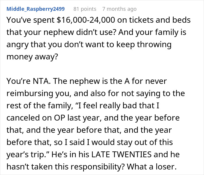 Reddit comment criticizing nephew for repeatedly bailing on trips and causing vacation invitation backlash.