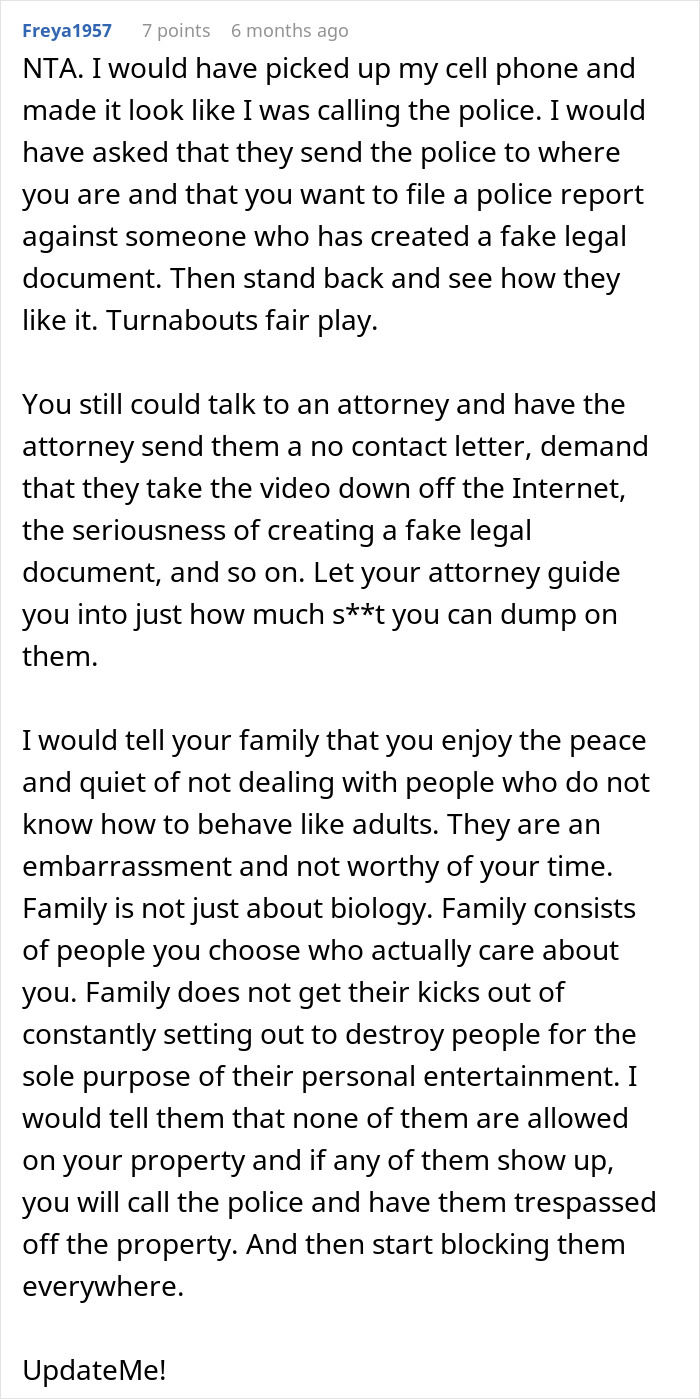 Reddit user advising on handling fake legal document prank with no contact measures and cutting ties in family stages conflict. Reddit user advising on handling fake legal document prank with no contact measures and cutting ties in family stages conflict.