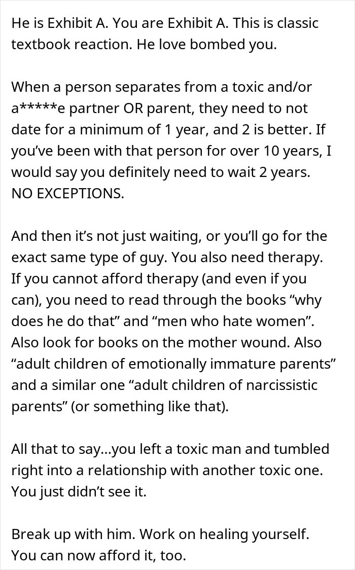 Text discussing recovery from toxic relationships and advice on waiting periods and therapy after breakups.