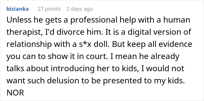 Comment discussing a woman questioning marriage after her husband falls in love with an AI girlfriend and seeking therapy options. Comment discussing a woman questioning marriage after her husband falls in love with an AI girlfriend and seeking therapy options.