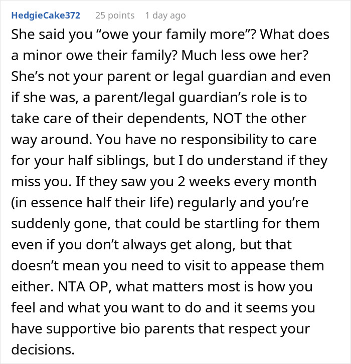Comment discussing teen&rsquo;s dad going AWOL and stepmom expecting help with half siblings, teen refuses and is mad.