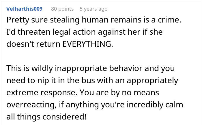 Comment discussing legal action over stealing grandson&rsquo;s ashes, highlighting family drama and inappropriate behavior concerns.