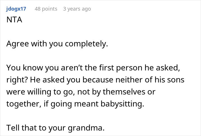 Comment discussing a teen refusing unpaid babysitting and family trip, highlighting frustration with babysitting demands.