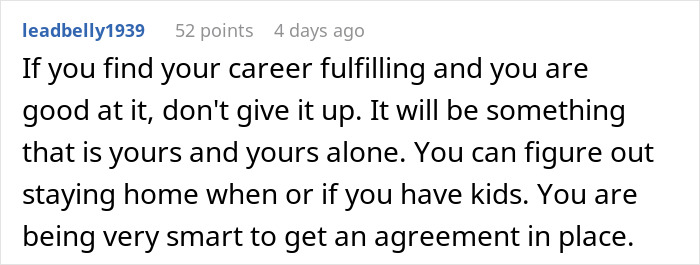 Screenshot of a Reddit comment advising not to quit a fulfilling career despite in-laws' demands about emasculating their son. - 30