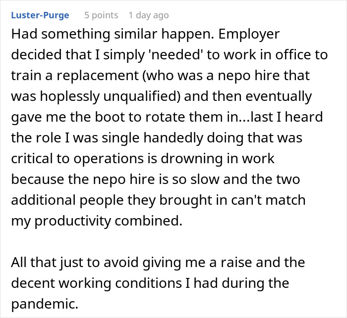 Alt text: Employee describes leaving company after wage reduction and being replaced by an unqualified nepo hire affecting operations. - 32