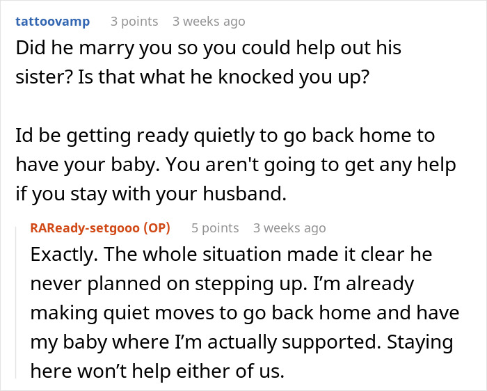 Reddit conversation about a pregnant woman refusing to babysit niblings and dealing with husbands and family issues.