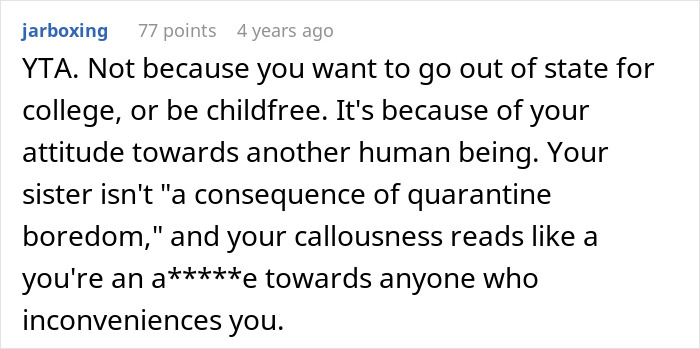 Comment discussing teen refusing to be live-in babysitter for parents, highlighting attitude toward family responsibilities. - 31