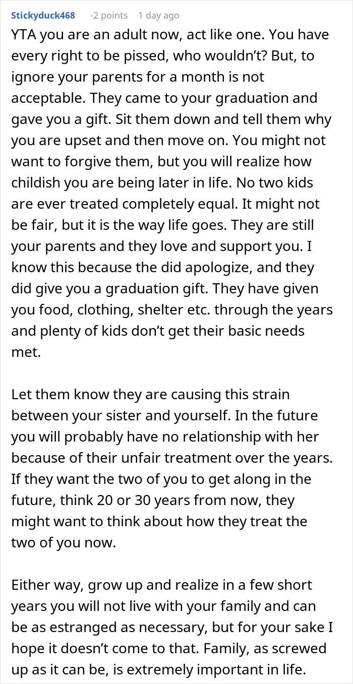 Reddit comment discussing parents playing favorites and the impact on the adopted daughter after graduation.