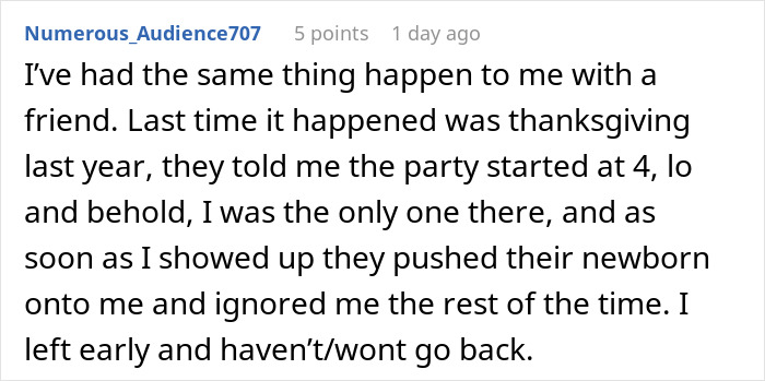 Screenshot of a comment describing a woman leaving a friend’s party early after being treated as a babysitter. - 38
