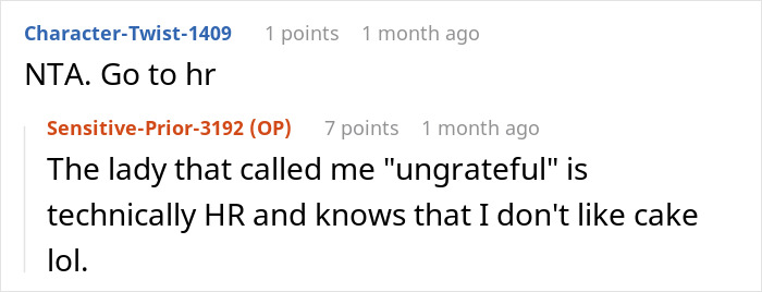 Text conversation showing a worker annoyed about receiving a birthday cake despite disliking it, mentioning HR involvement. - 25