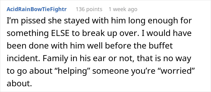 Screenshot of a Reddit comment discussing a guy nagging his girlfriend to eat more, leading to their breakup.