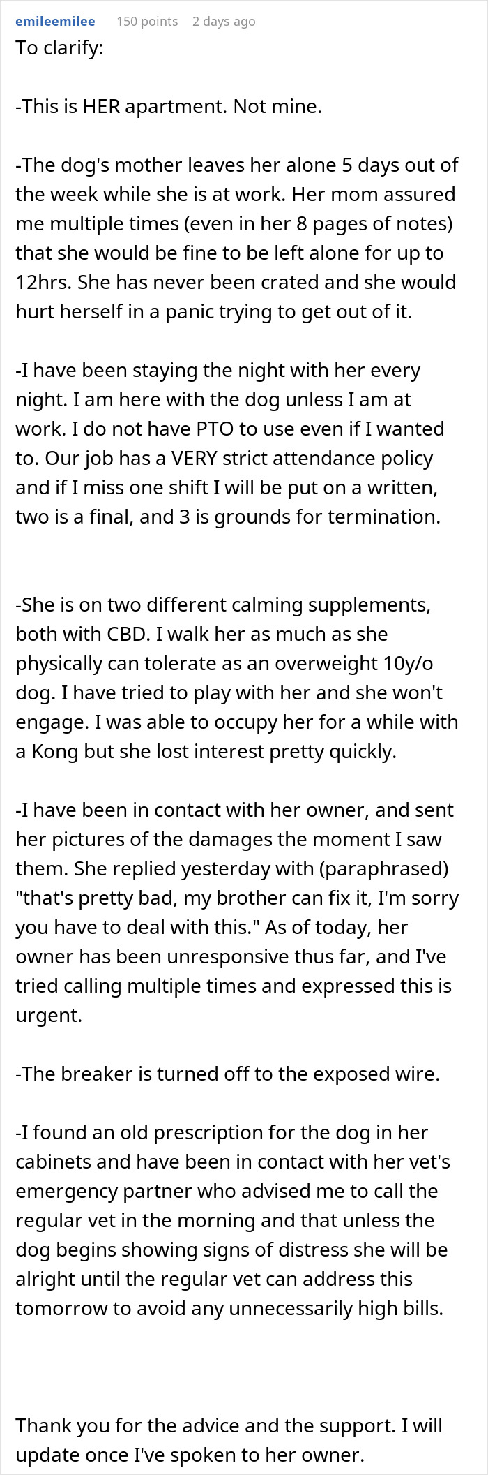 Text post explaining care challenges and communication issues while insisting a friend board dog during work hours.