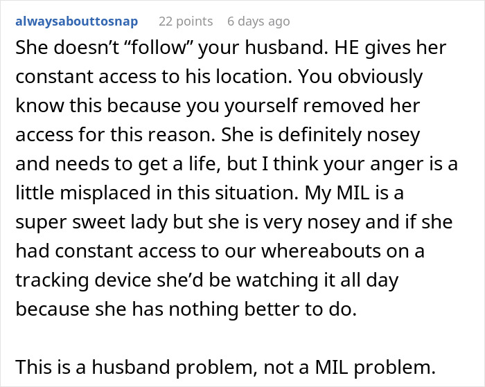 Comment discussing a mil-tracking-app-son, explaining access to location and issues with a mother-in-law's behavior.