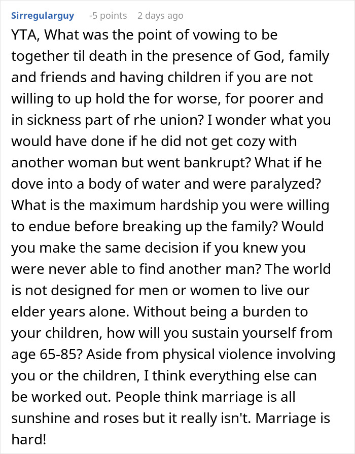Commenter discussing marriage hardships and betrayal, reflecting on cheating and family loyalty in a heated online debate.