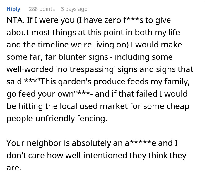 Screenshot of a Reddit comment ranting about a neighbor&rsquo;s farm stand causing theft and suggesting no trespassing signs.