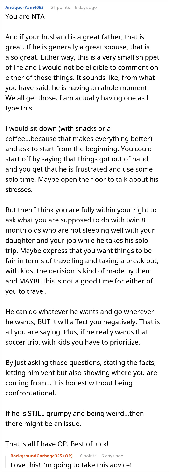 Comment discussing solo trip desire and reality check while wife cares for 7-year-old and 8-month-old twins planning. - 22