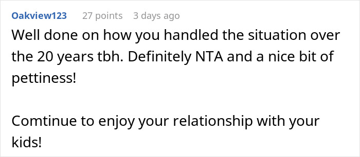 Screenshot of online comment praising handling of a family conflict involving a dad and kids going no-contact after marriage issues.