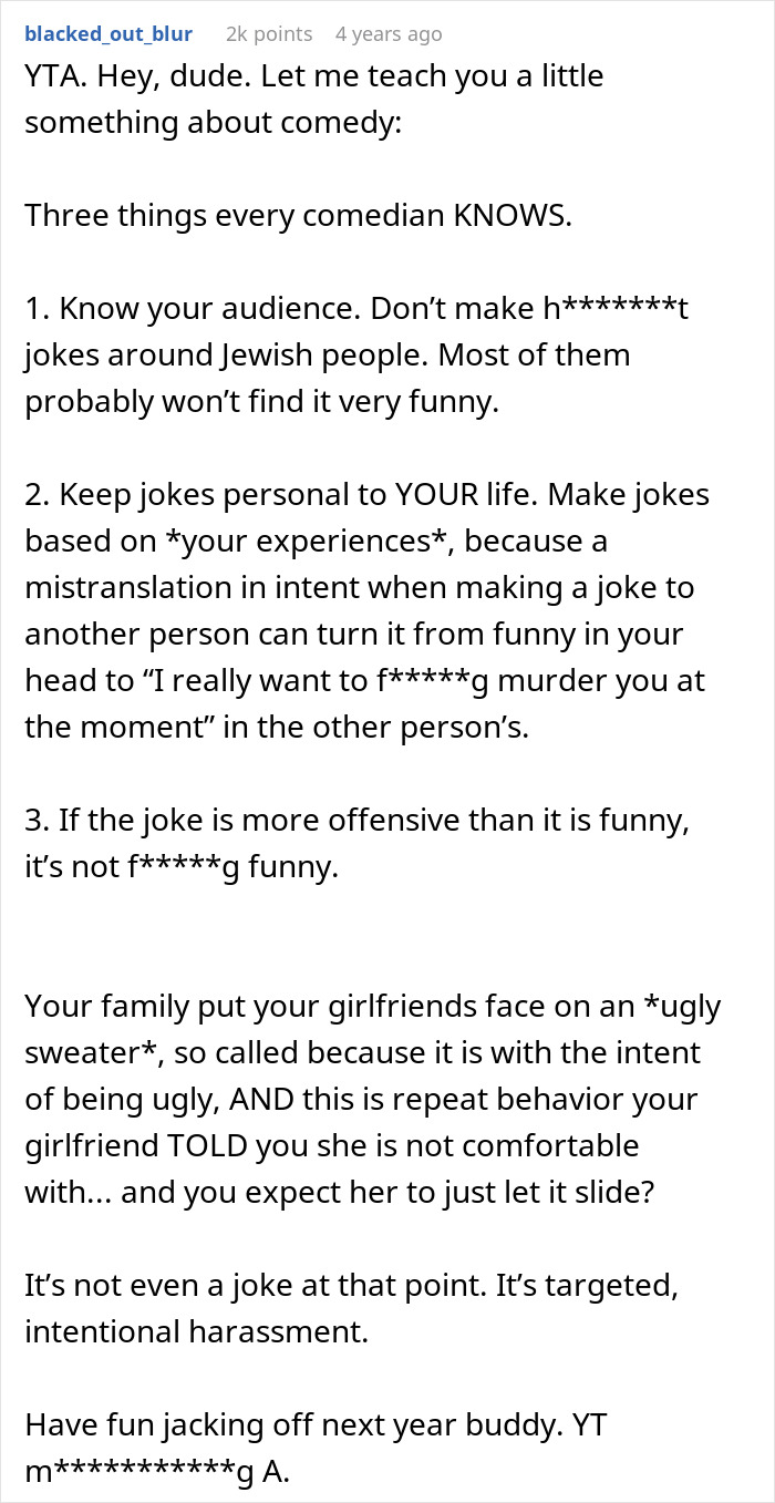 Reddit user explains why making ugly sweater jokes about a woman’s scar is offensive and harmful in family gatherings. Reddit user explains why making ugly sweater jokes about a woman’s scar is offensive and harmful in family gatherings.