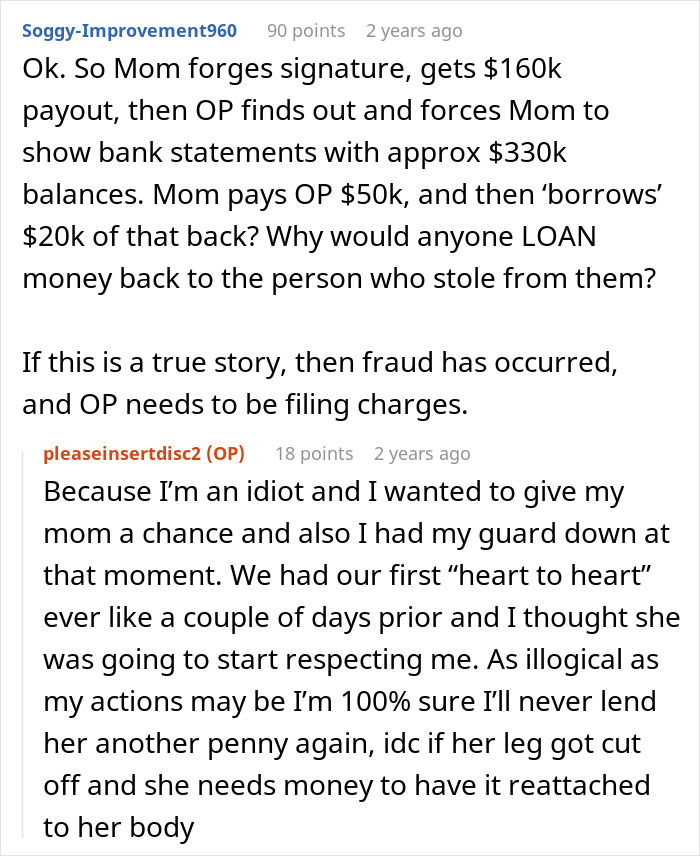 Reddit conversation discussing a mom embezzling $160K inheritance and gaslighting her daughter after being exposed.