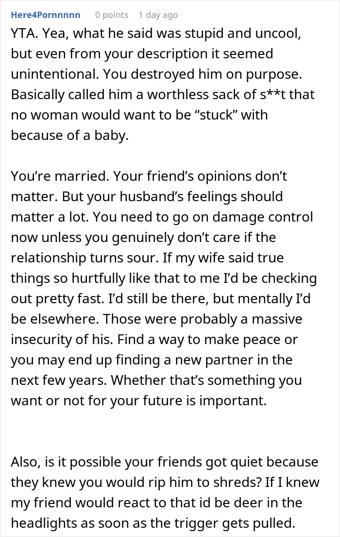 Reddit comment discussing husband jokes wife baby trapping him and wife&rsquo;s harsh reality check on their marriage issues.