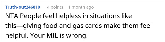 Screenshot of a user comment stating people feel helpless so giving food and gas cards helps a woman battling cancer. - 31