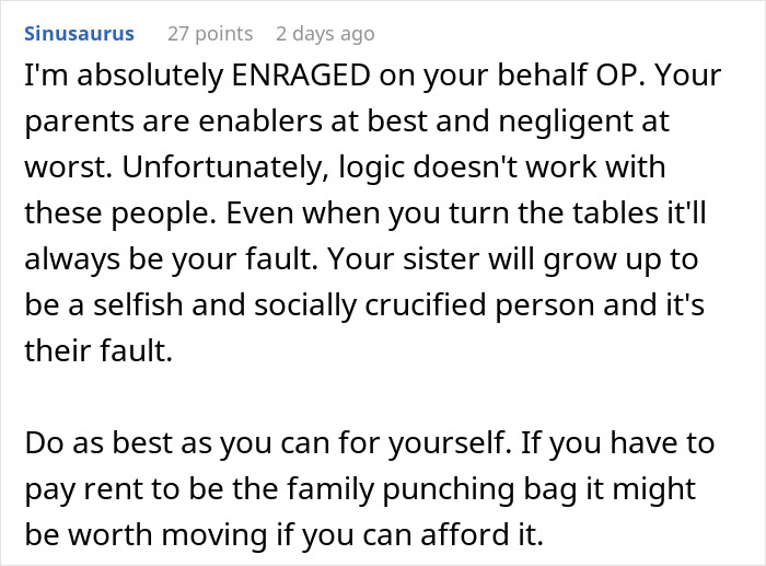 Text comment expressing anger towards enabling parents and selfish golden child stealing brother&rsquo;s gifts in family conflict.