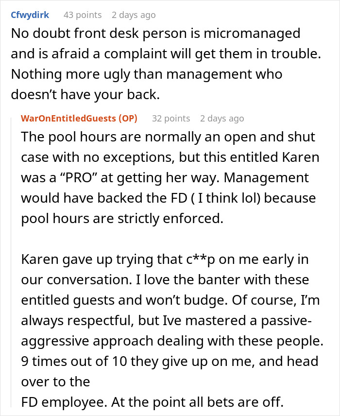 Reddit comments discussing an entitled Karen who got her way using the hotel pool after it was closed. - 16