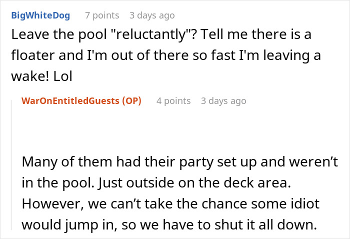 Screenshot of a forum discussion about Karen’s kid poop in a hotel pool, with users debating pool closure reasons. - 22