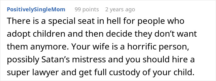 User comment criticizing a mom of six trying to abandon two adopted kids during divorce, suggesting legal action for custody.