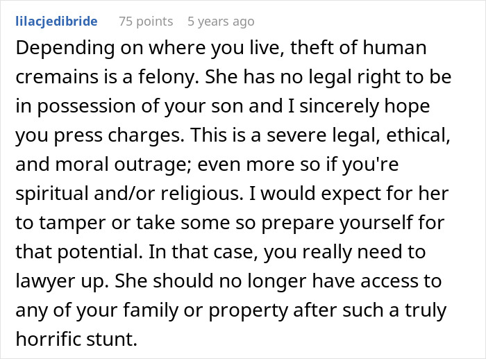 Comment discussing legal and ethical issues of stealing grandson&rsquo;s ashes, urging to press charges and lawyer up.