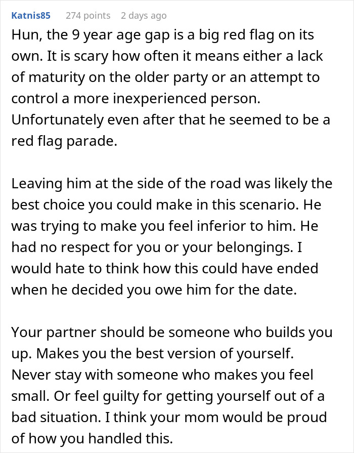 Comment discussing age gap and respect in dating, highlighting a man left on the side of the road after insulting his date. Comment discussing age gap and respect in dating, highlighting a man left on the side of the road after insulting his date.