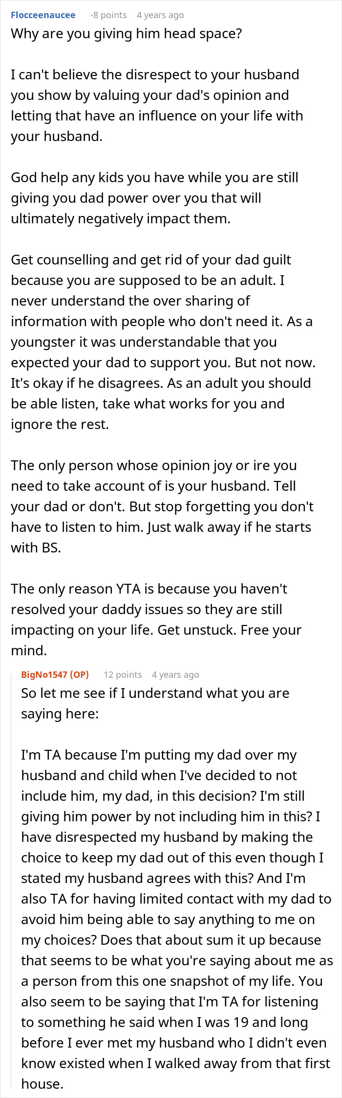Text conversation discussing woman&rsquo;s relationship with dad and husband, focusing on important news and family dynamics.