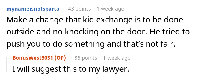 Screenshot of a Reddit discussion about a lady refusing her ex's stepkid to use her bathroom, suspecting him of wanting to snoop.